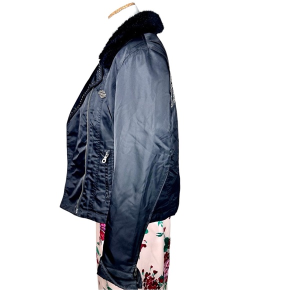 Harley Davidson Women’s Nylon Motorcycle Biker Jacket Black Cropped Small Fur - Picture 7 of 17